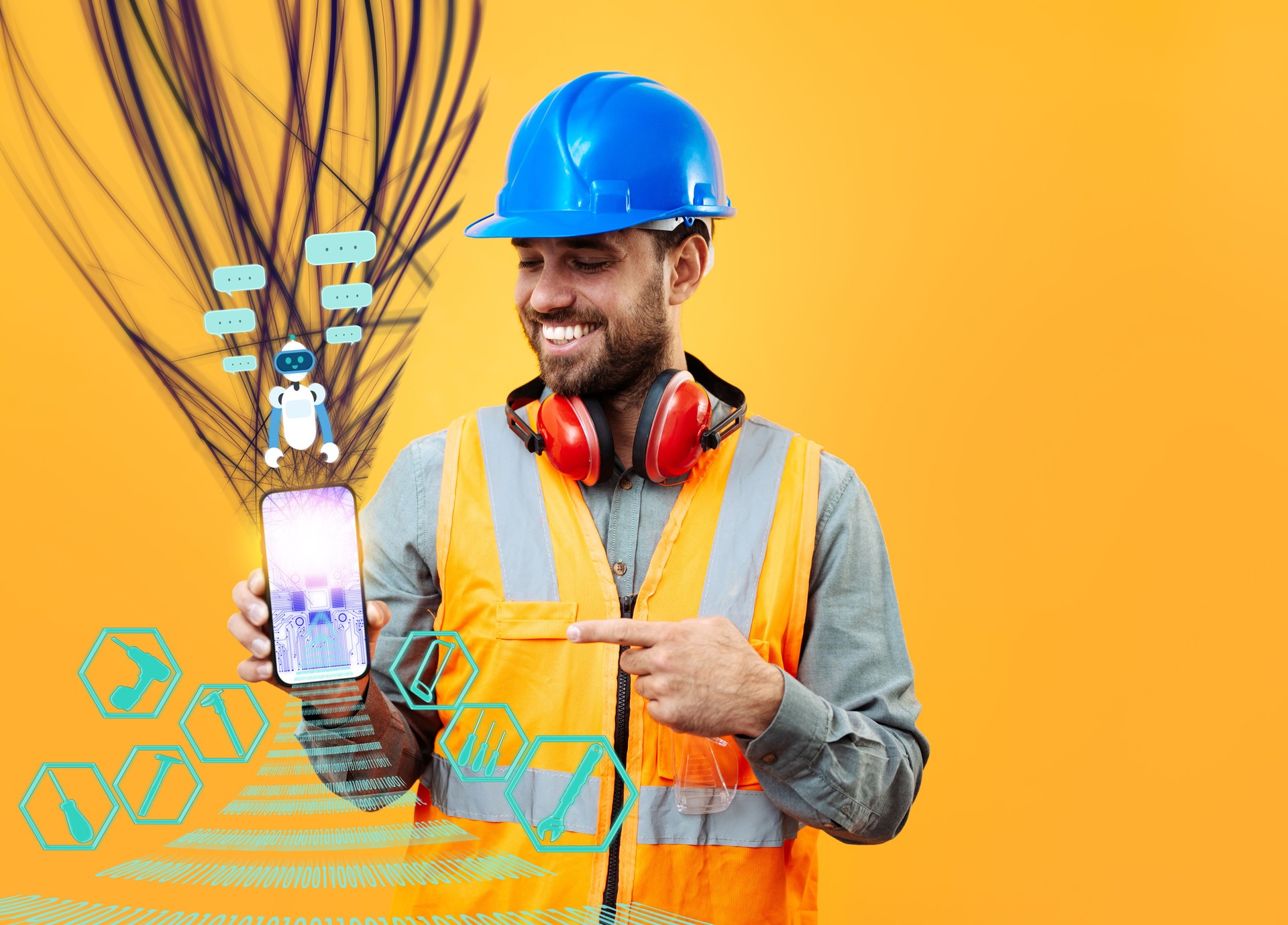 Engineer with helmet and safety vest points at smartphone showcasing AI concept on an orange background